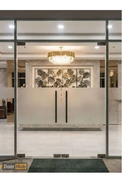 Smoked Sandblasted Glass Pivot Door 12mm UAE for Hotel Interiors
